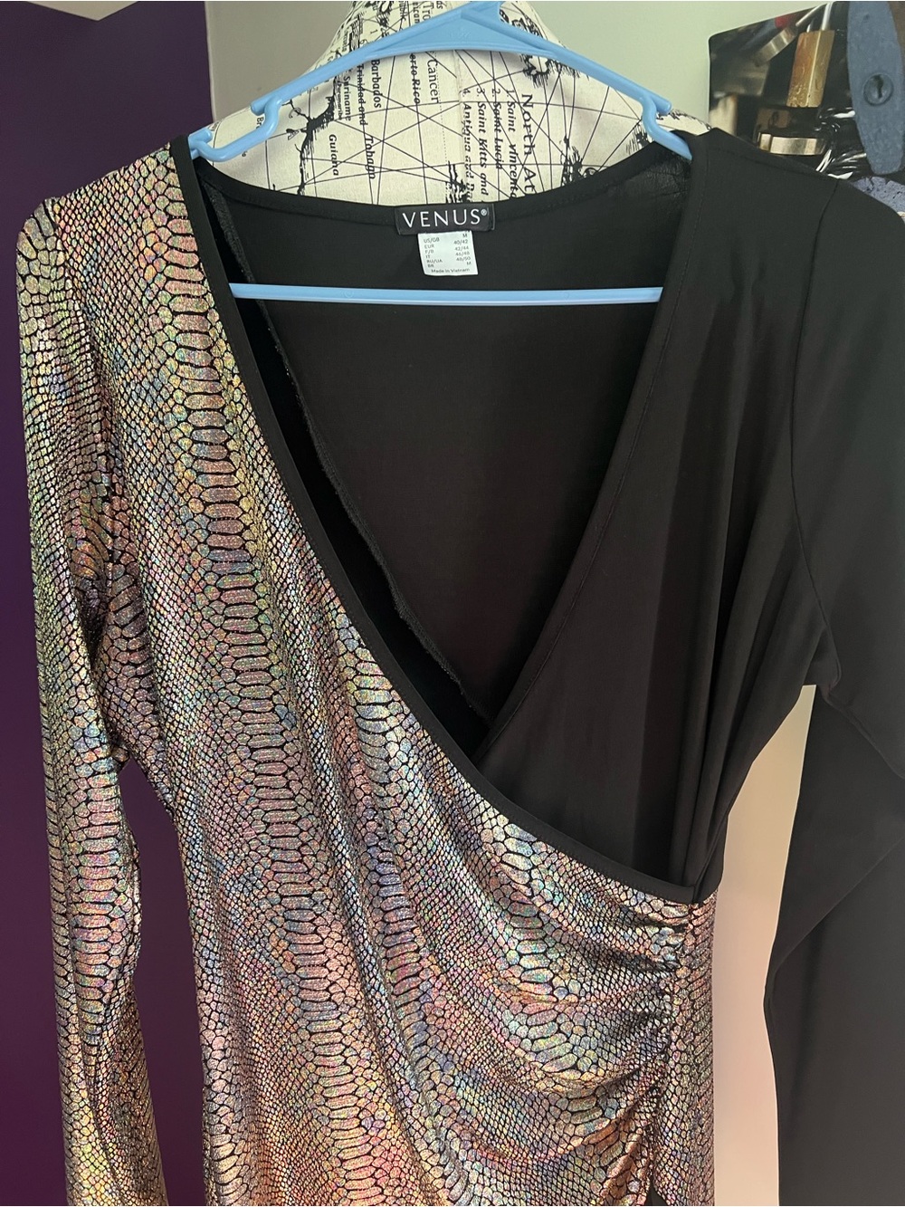 VENUS Black & Iridescent Faux Wrap-Style Women's Dress - Picture 5 of 8